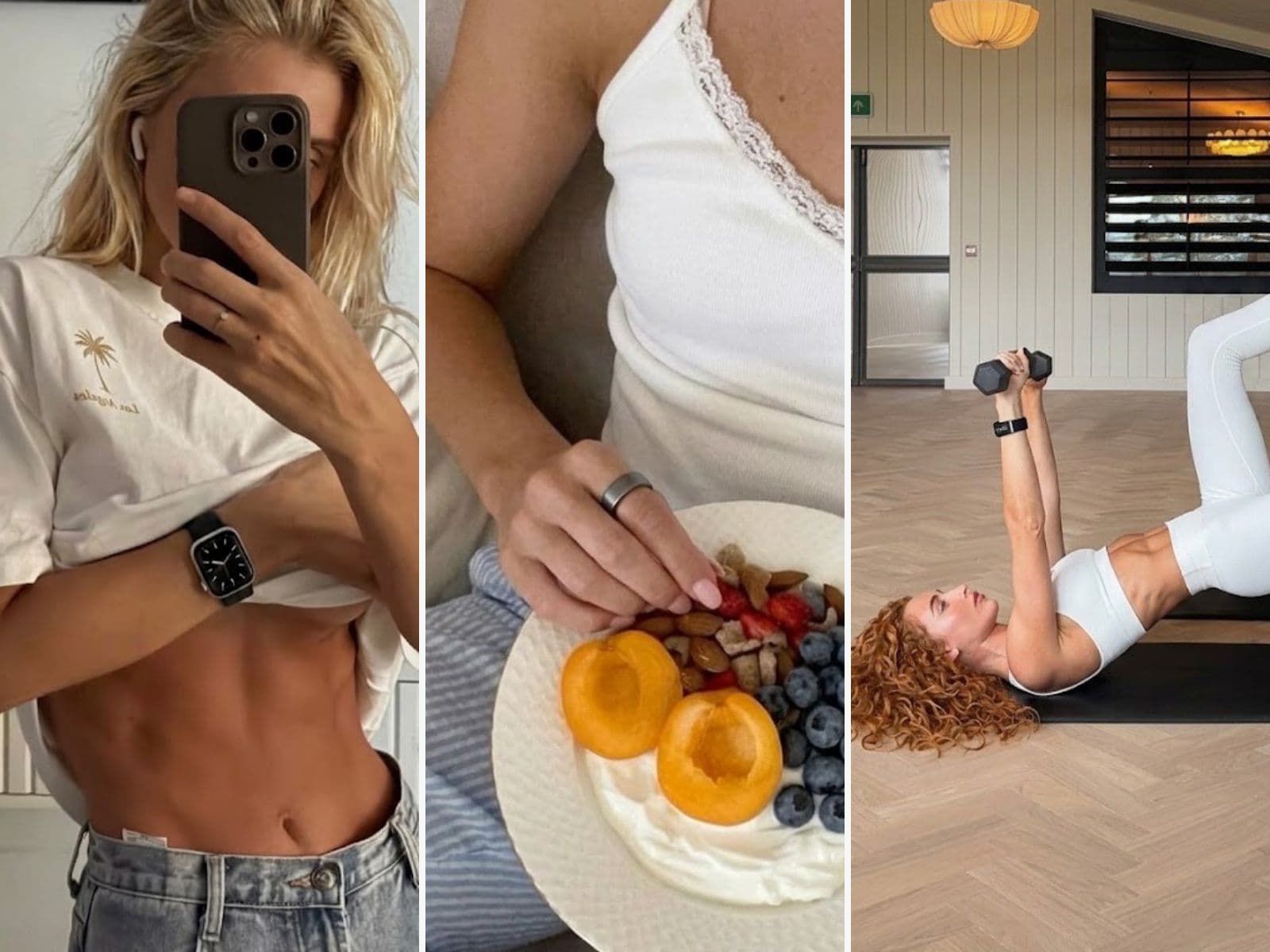 Three photos side by side: a woman taking a mirror selfie with a smartwatch on her wrist, a hand wearing a matte silver ring over a plate of apricots, nuts and blueberries, and a woman with red curly hair doing a dumbbell press from a glute bridge with a black band on her wrist.