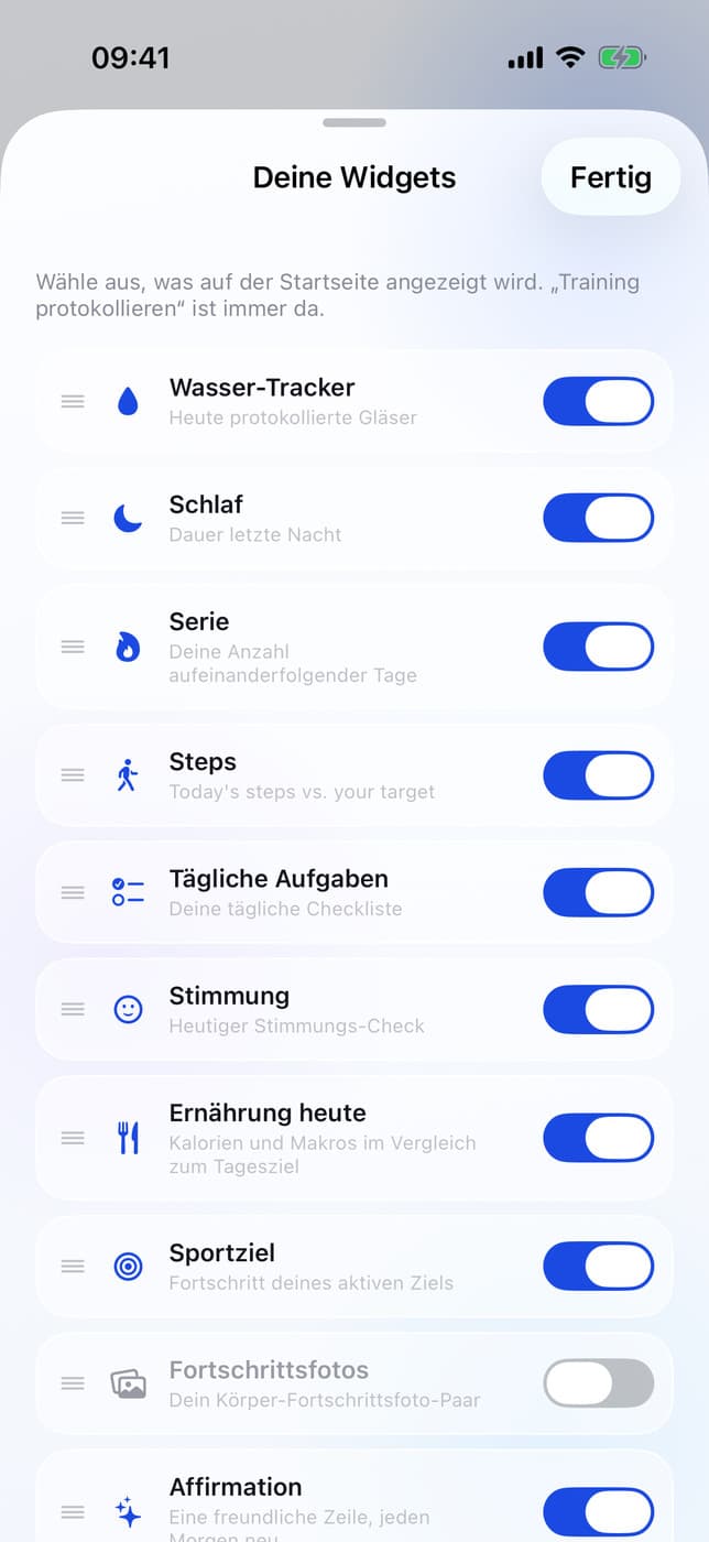 Widget picker: water, sleep, mood, sport goal