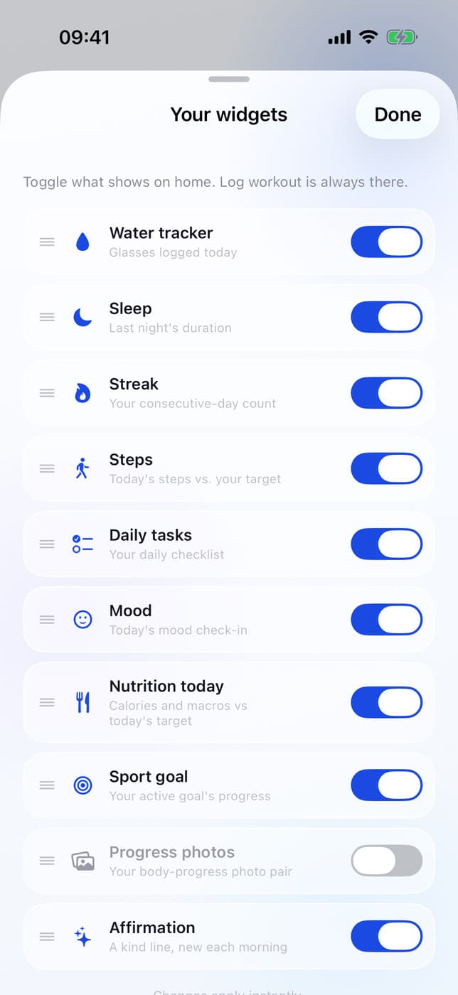 Widget picker: water, sleep, mood, sport goal