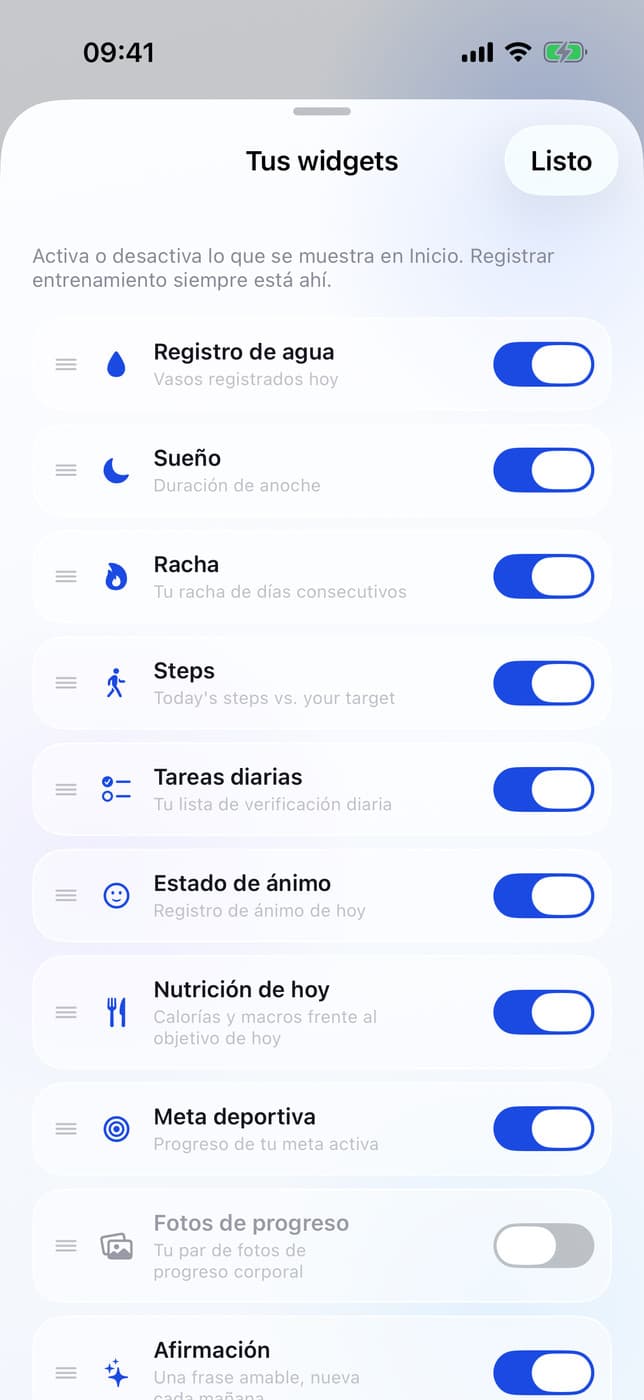 Widget picker: water, sleep, mood, sport goal