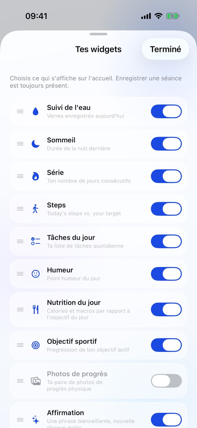 Widget picker: water, sleep, mood, sport goal