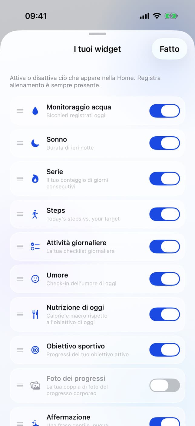 Widget picker: water, sleep, mood, sport goal