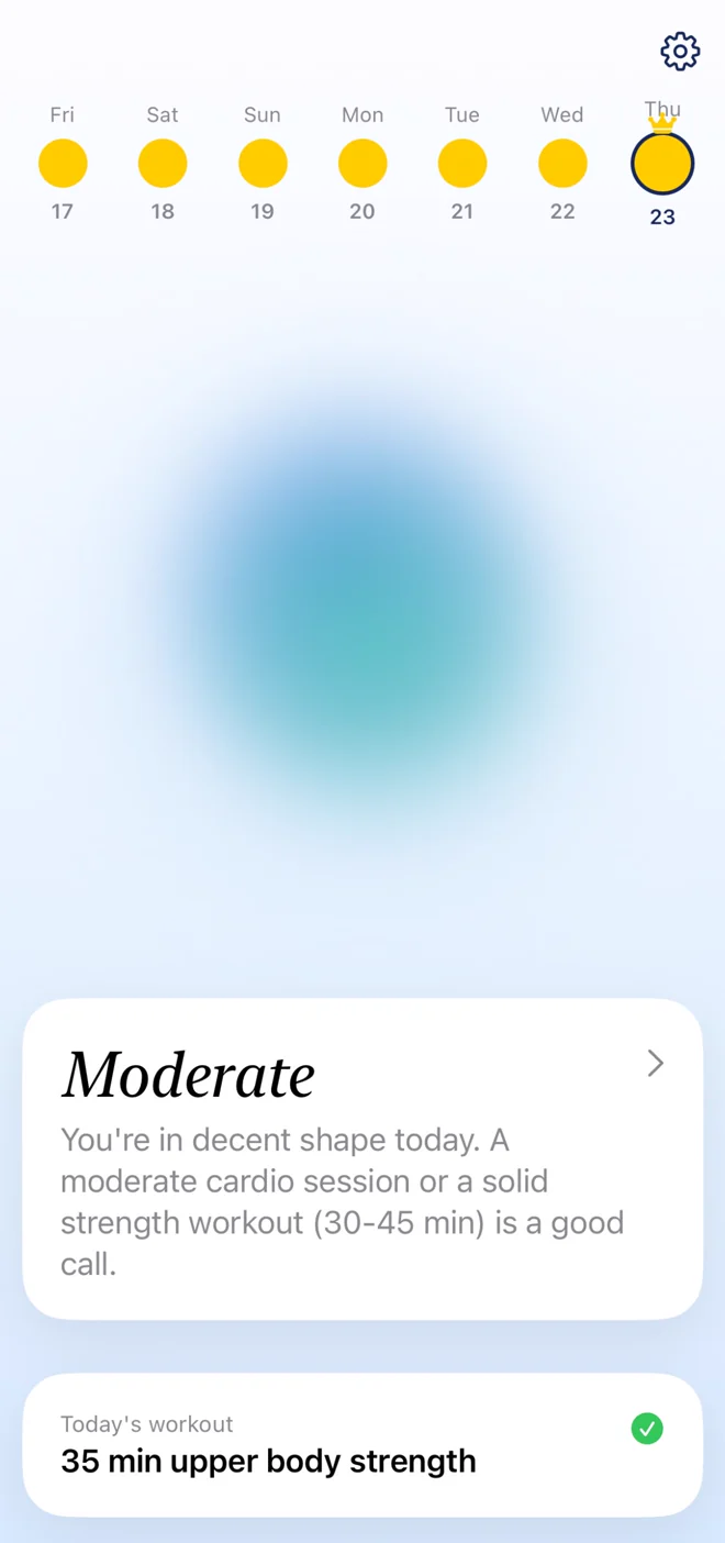 SOMA home screen: the last seven days as filled rings with today highlighted, and today's readiness read as Moderate with the completed 35-minute upper body workout below