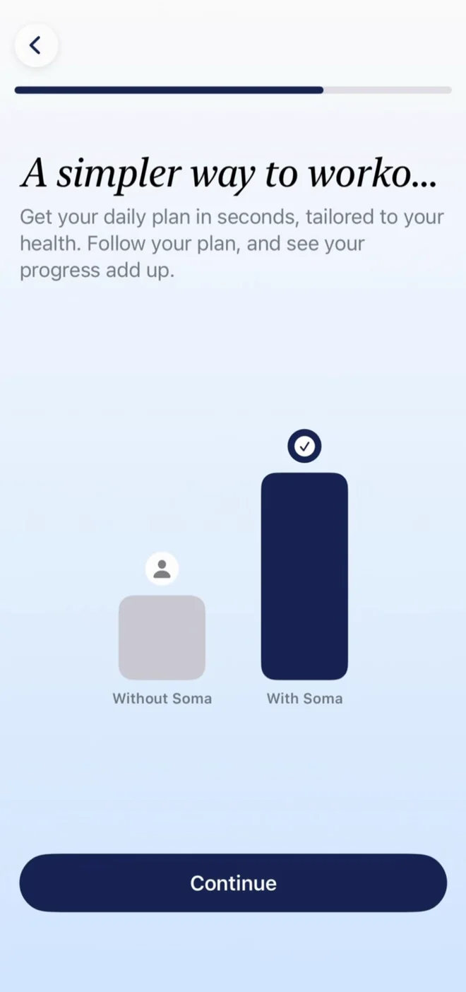 SOMA onboarding screen: "A simpler way to workout", with a bar chart comparing progress without SOMA and with SOMA