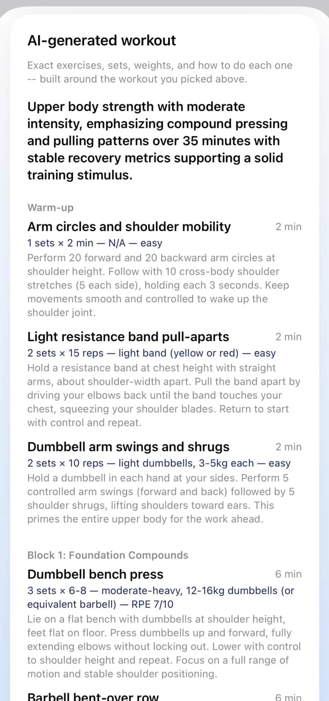 SOMA AI-generated workout: warm-up and strength blocks with exact sets, reps, loads and how to perform each exercise