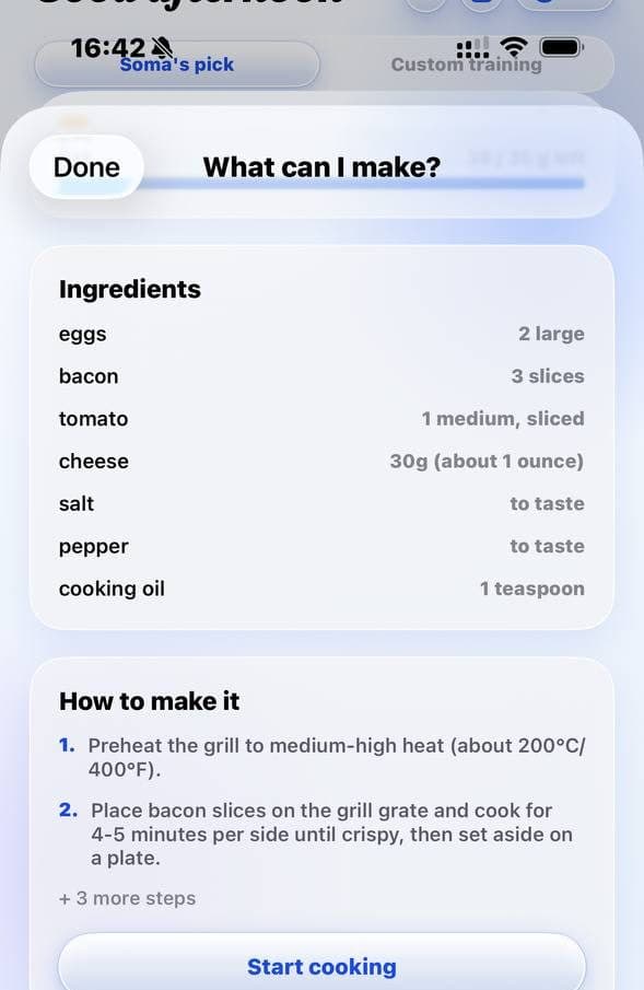 SOMA “What can I make?” screen on iPhone listing ingredients such as eggs, bacon, tomato and cheese with amounts, the first recipe steps, and a Start cooking button.
