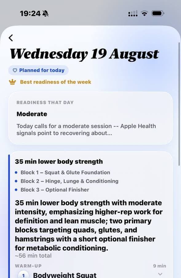 SOMA workout screen on iPhone: readiness that day is Moderate because Apple Health signals point to recovering, followed by a 35-minute lower body strength session split into three blocks, starting with bodyweight squats.